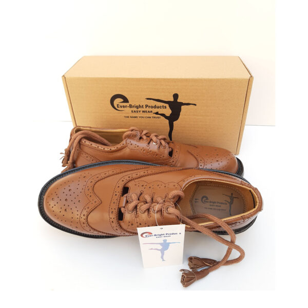 Brown leather Ghillie Brogues with traditional laces and rubber soles, designed for Scottish kilt and Highland wedding attire.