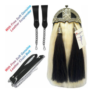 Scottish Kilt Long Horse Hair Dress Sporran with enamel cantel, black horsehair tassels, and soft leather design.