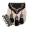 White Rabbit Fur Semi Dress Sporran with Antique Stag Design and Nickel Tassel Chains.