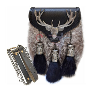 Grey Rabbit Fur Semi Dress Sporran with Antique Stag Design and Nickel Tassel Chains.