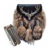 Scottish Kilt Semi Dress Sporran with Enamel Stag, crafted from fox fur and genuine leather, featuring chrome-plated tassel chains and an adjustable leather belt.