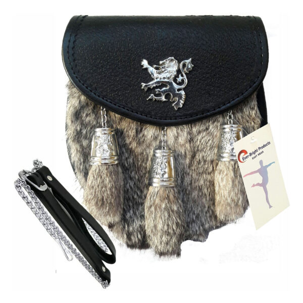 Scottish Kilt Semi Dress Grey Goat Sporran with Rampant Lion emblem and grey rabbit fur tassels for an elegant kilt accessory.