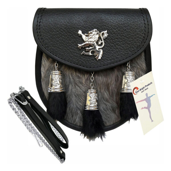 Scottish Kilt Semi Dress Grey Goat Sporran with Rampant Lion emblem and grey rabbit fur tassels for an elegant kilt accessory.