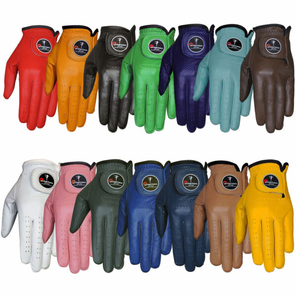 Ever-Bright Opti Colour Golf Glove showcasing vibrant colors and premium leather design for superior grip and comfort.