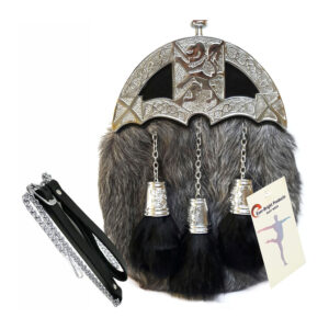 Grey Goat Leather Sporran with Rampant Lion Cantle and Black Fur Tassels – Includes Free Leather Belt and Chain