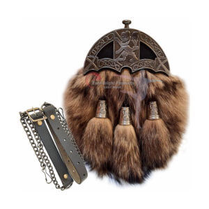 Fox Fur Full Dress Sporran with Antique Enamel Lion Cantle – Includes Leather Belt and Chain