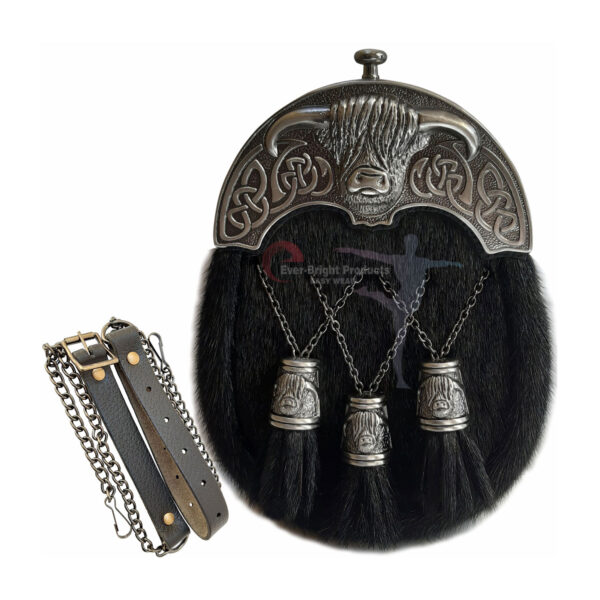 Black seal skin kilt sporran with enamel buffalo cantle, featuring three black seal skin tassels with embossed lion caps, displayed with an adjustable leather belt and chain.