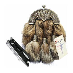 Fox Fur Kilt Sporran featuring an antique enamel thistle cantle with three fox fur tassels and a leather belt.