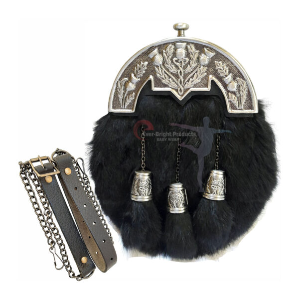 Black Rabbit Fur Full Dress Sporran with Antique Enamel Thistle Cantle and Black Rabbit Fur Tassels, paired with a leather belt.