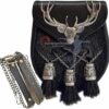 Scottish Kilt Semi Dress Seal Skin Sporran with an enamel stag design, chrome-plated tassel chains, and a genuine leather belt.