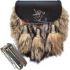 Large brown fox fur semi dress sporran with chrome tassel chains and Rampant Lion tassel caps, featuring a soft leather belt and chain.