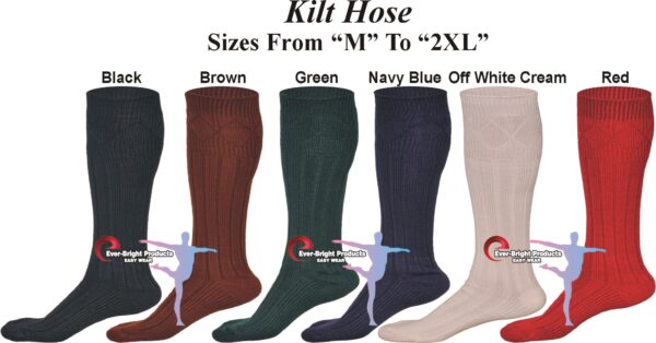 Men's Traditional Long Hose Kilt Socks, 65% wool blend, available in sizes M to 2XL, made in the USA for traditional kilt outfits.