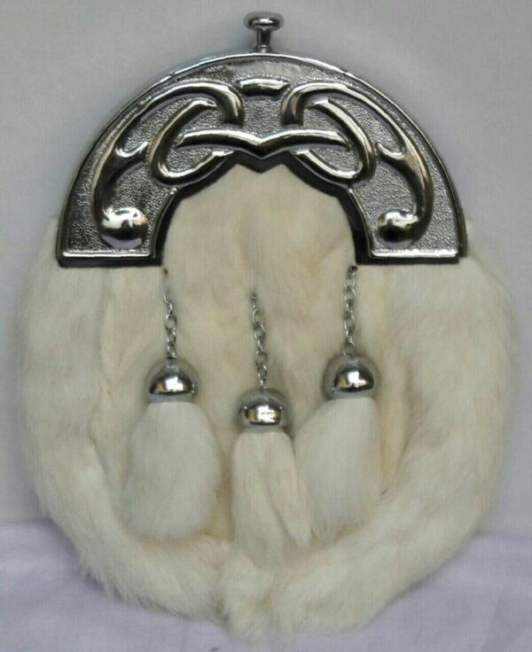 White rabbit fur sporran with chrome badge, Celtic design cantle, and free leather belt. Includes nickel and chrome-plated tassel chains.