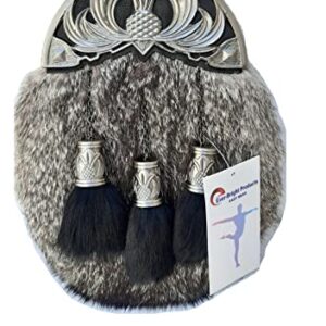 Handmade Celtic Full Dress Sporran featuring white and grey rabbit fur, black tassels, and genuine leather for Highland formal wear.