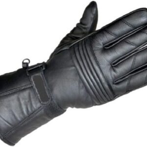 Winter Motorcycle Gloves in black leather, medium size, with a pull-on closure, designed for riding and biking.