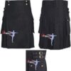 Men’s Black Utility Kilt made from durable 16 OZ Cotton Drill Fabric, featuring two pockets with brass buttons and brass buckles.