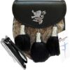 Scottish Kilt Grey Rabbit Sporran with Rampant Lion design and black fur tassels.