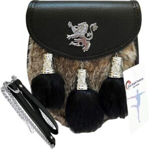 Scottish Kilt Grey Rabbit Sporran with Rampant Lion design and black fur tassels.