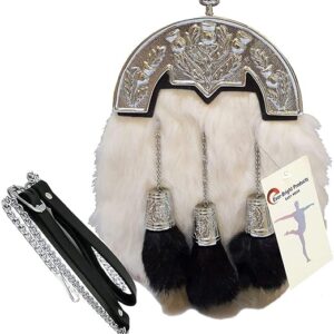 White Rabbit Fur Full Dress Sporran with antique chrome cantel and black tassels, genuine leather, and adjustable belt.