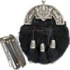 Scottish Full Dress Sporran with Black Rabbit Fur and Antique Chrome Thistle Cantle, crafted from genuine leather with adjustable belt and free accessories.