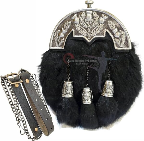 Scottish Full Dress Sporran with Black Rabbit Fur and Antique Chrome Thistle Cantle, crafted from genuine leather with adjustable belt and free accessories.