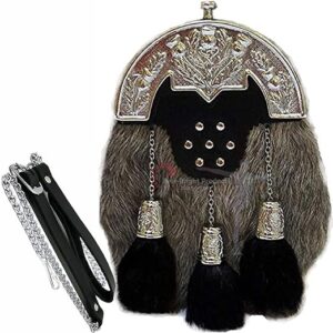 Grey Goat Fur Full Dress Sporran with Chrome Cantel and Black Tassels, paired with a free leather belt and chain