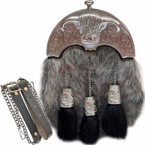 Buffalo Cantel Full Dress Sporran with antique buffalo design, genuine leather, and adjustable chain belt featuring elegant tassel caps.