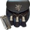 Semi-Dress Seal Skin Sporran with Celtic Lion Brass Badge, featuring black skin tassels and an adjustable chain belt.