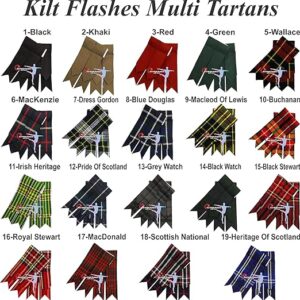 Kilt Flashes in multi tartans with a heavy buckle, adjustable 3 cm wide white elastic band. Available in various colors.