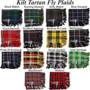 Kilt Fly Plaid Tartan, 100% acrylic wool, 48" x 48", multicolor tartans with rolled fringe. Ideal for Highland kilt ensembles.