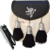 Scottish Kilt white Rabbit Sporran with Rampant Lion design and black fur tassels.