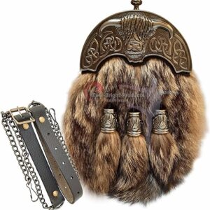 Buffalo Cantel Full Dress Sporran with antique buffalo design, genuine leather, and adjustable chain belt featuring elegant tassel caps.