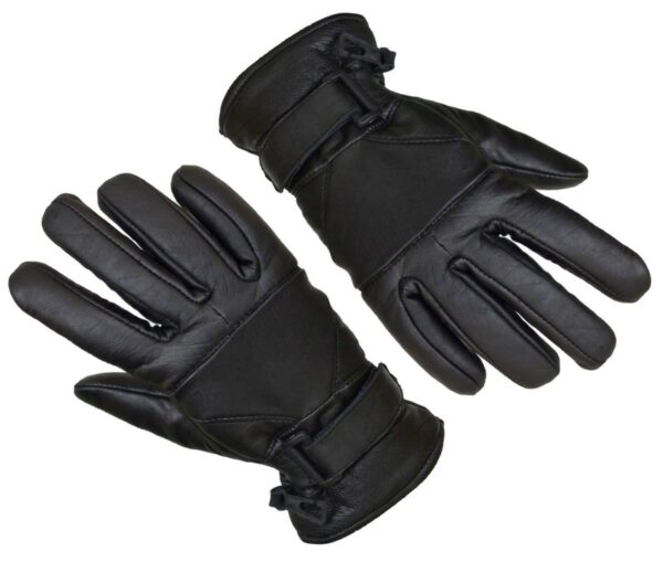 Black winter leather motorcycle gloves with a soft inner lining, designed for warmth and style during cold-weather riding.