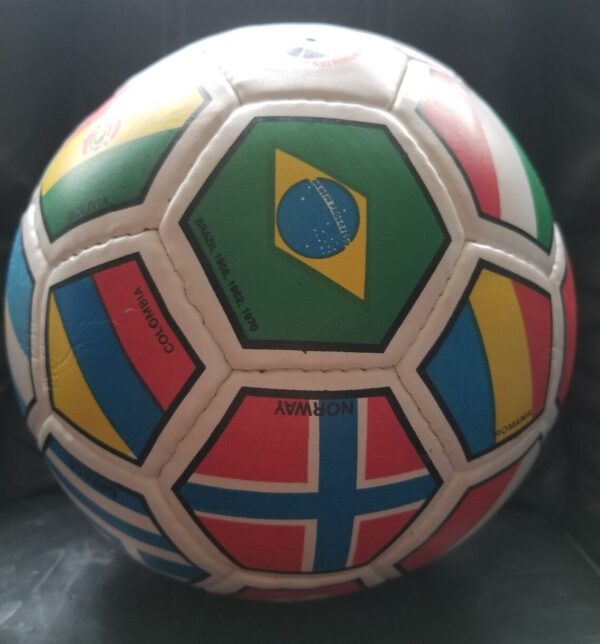 Size 5 soccer ball with 32 panels featuring flags from different countries, made in Pakistan for high-quality training and matches.