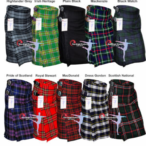 Men's 5 Yard Scottish Kilt in 10 tartan patterns, featuring 13oz fabric, adjustable leather straps, and a comfortable fit for Highland occasions.