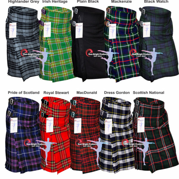 Men's 5 Yard Scottish Kilt in 10 tartan patterns, featuring 13oz fabric, adjustable leather straps, and a comfortable fit for Highland occasions.