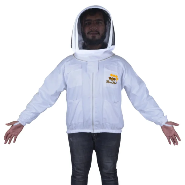 Premium Cotton Beekeeper Jacket with Hood and Veil showcasing breathable fabric and detachable veil.