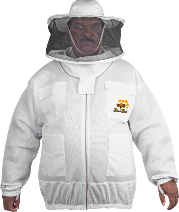 2 layer mesh ultra-light beekeeping jacket with round head veil, breathable cotton mesh, and durable YKK zippers for maximum comfort and protection.