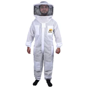 Full 3 Layer Mesh Ventilated Beekeeper Suit with round veil, featuring breathable cotton mesh, detachable veil with Velcro & zippers, and YKK zippers for cool and comfortable beekeeping.