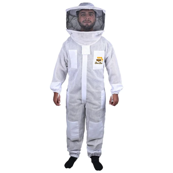 Full 3 Layer Mesh Ventilated Beekeeper Suit with round veil, featuring breathable cotton mesh, detachable veil with Velcro & zippers, and YKK zippers for cool and comfortable beekeeping.