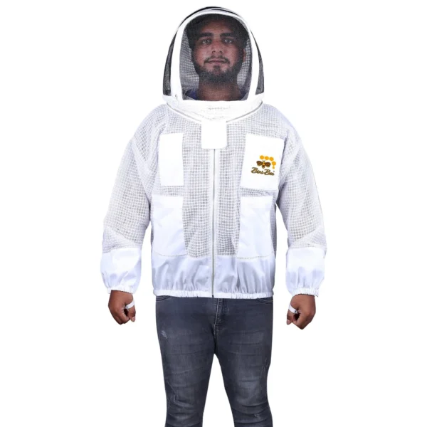 3-layer ventilated beekeeping jacket with hoodie veil and YKK zippers for ultimate comfort and protection.