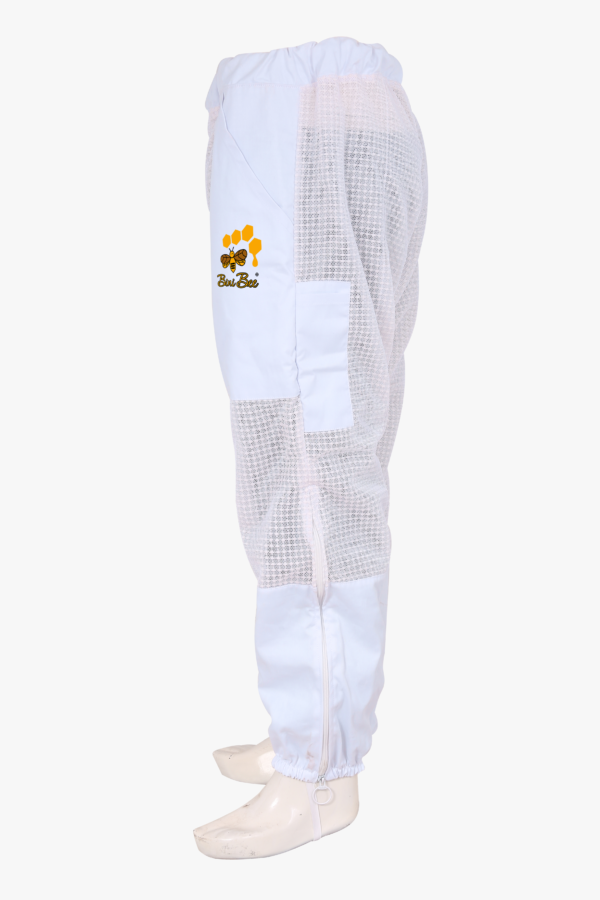 3 layer ultra-cool mesh beekeeping trousers with YKK zippers, adjustable velcro and elastics, and reinforced stitching for durability.