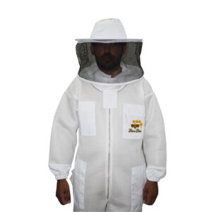 Double-layer ultra-cool beekeeping suit with round hat veil, YKK zippers, and foam-padded knees for beekeeper protection and comfort.