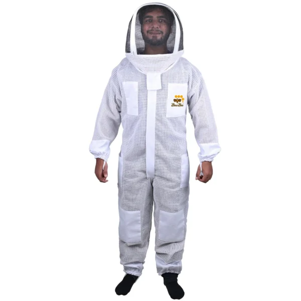 Full 3 Layer Mesh Ventilated Beekeeper Suit with hoodie veil, breathable mesh, fire-retardant material, and durable zippers for safety and comfort.