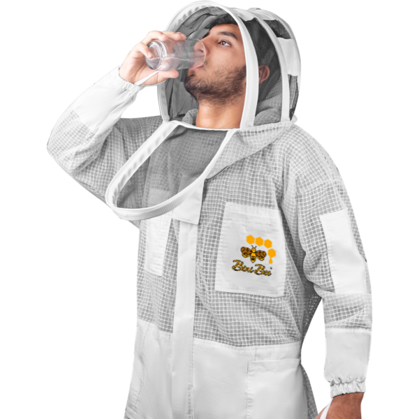 Premium 3 Layer Ventilated Beekeeping Suit with open hoodie veil, YKK brass zippers, tool pockets, and durable mesh fabric for airflow.