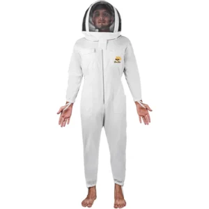 Standard cotton beekeeper suit with hood-style veil, offering full protection and comfort for safe beekeeping activities.