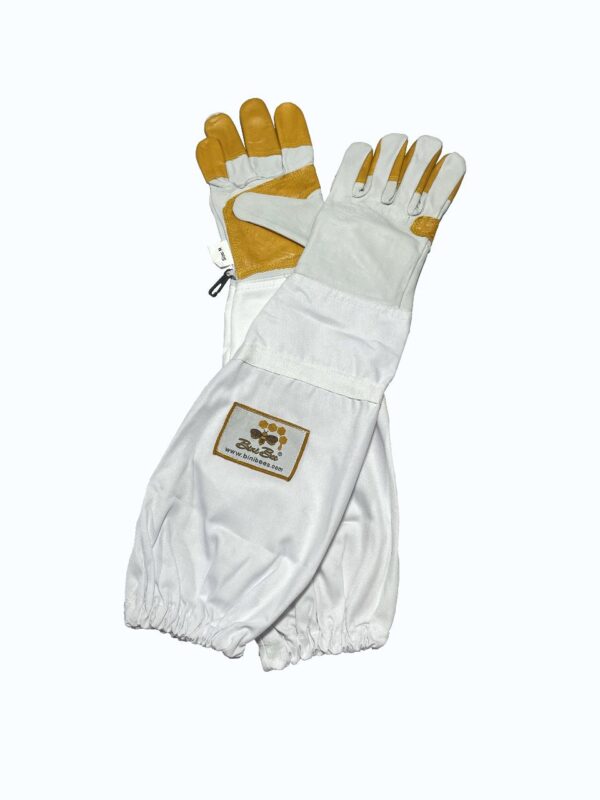 Rigger Double Palm Beekeeping Gloves with cowhide leather, double stitching, and extra-long sleeves for full arm protection and comfort.