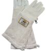 Three-layer ventilated beekeeping gloves with cowhide leather, long sleeves, and ergonomic stitching for ultimate protection and comfort.