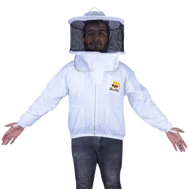 A man wearing a beekeeper jacket with a distinctive square net design, ideal for sale to beekeeping enthusiasts seeking optimal protection and comfort during hive management.