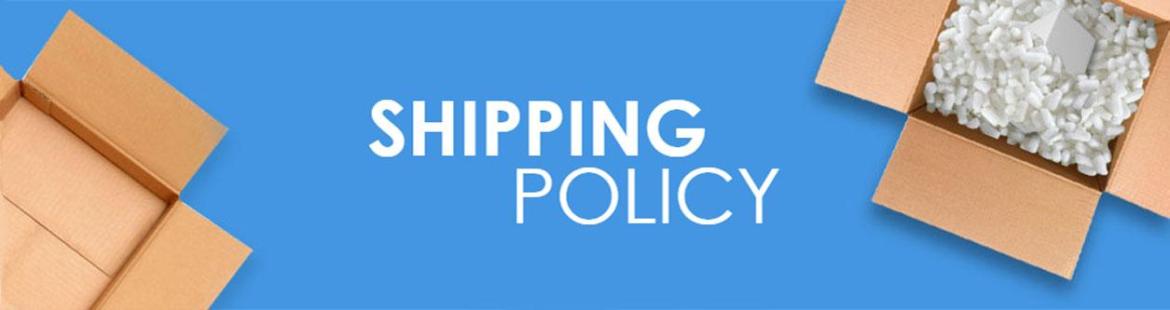 Blue background with bold text 'Shipping Policy', conveying clarity and professionalism in outlining shipping procedures.